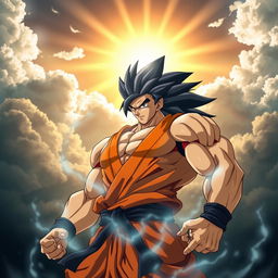 A powerful, muscular warrior with spiky black hair and an orange gi, standing in a heroic pose