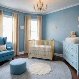 A charming baby nursery with a blue and gold color scheme. It features everything essential including a crib, a changing table, and comfortable seating, all embracing the comforting colors of azure blue and resplendent gold.