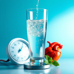 A large, bright glass of water with water droplets, surrounded by visuals like a scale and a healthy heart