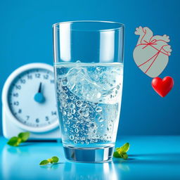 A large, bright glass of water with water droplets, surrounded by visuals like a scale and a healthy heart