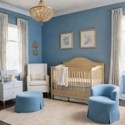 A charming baby nursery with a blue and gold color scheme. It features everything essential including a crib, a changing table, and comfortable seating, all embracing the comforting colors of azure blue and resplendent gold.