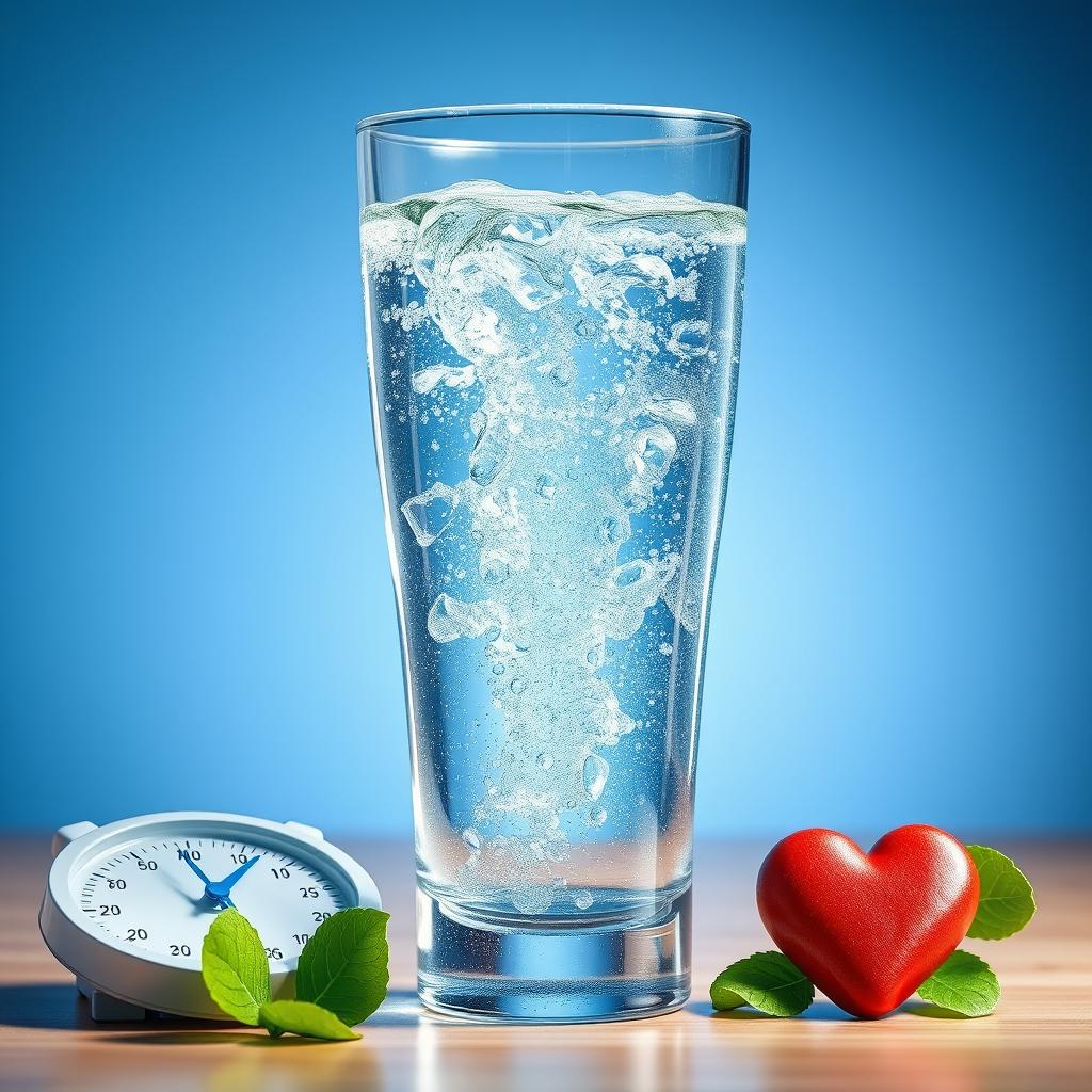 A large, bright glass of water with water droplets, surrounded by visuals like a scale and a healthy heart