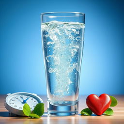 A large, bright glass of water with water droplets, surrounded by visuals like a scale and a healthy heart