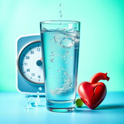 A large, bright glass of water with water droplets, surrounded by visuals like a scale and a healthy heart