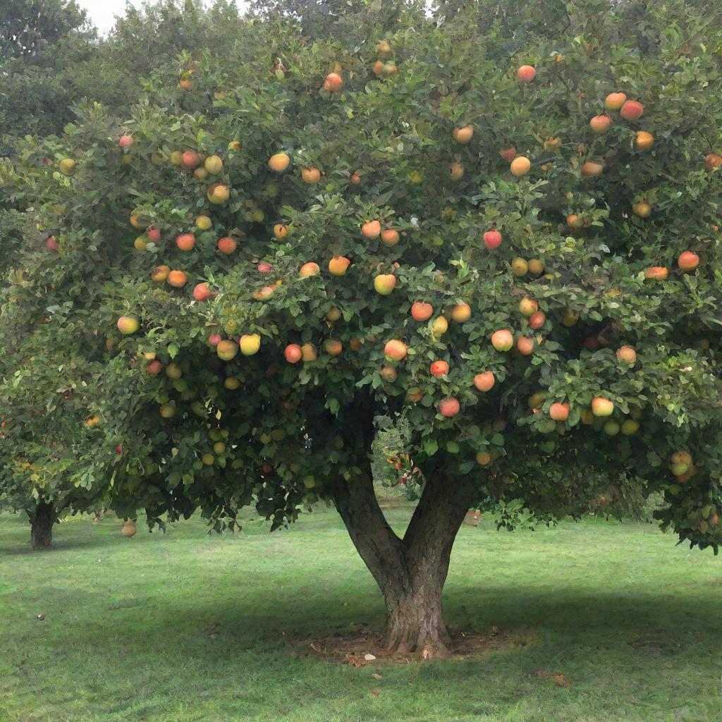 A lush, verdant tree heavily laden with vibrant, ripe apples.