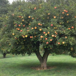 A lush, verdant tree heavily laden with vibrant, ripe apples.