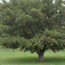 A lush, verdant tree heavily laden with vibrant, ripe apples.