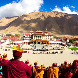 A panoramic view of the Hemis Monastery during the annual Hemis Festival, featuring Buddhist monks in vibrant masks and costumes, performing traditional dances