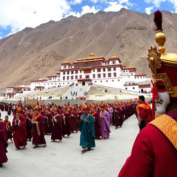 A panoramic view of the Hemis Monastery during the annual Hemis Festival, featuring Buddhist monks in vibrant masks and costumes, performing traditional dances