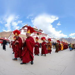 A panoramic view of the Hemis Monastery during the annual Hemis Festival, featuring Buddhist monks in vibrant masks and costumes, performing traditional dances