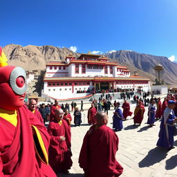 A panoramic view of the Hemis Monastery during the annual Hemis Festival, featuring Buddhist monks in vibrant masks and costumes, performing traditional dances