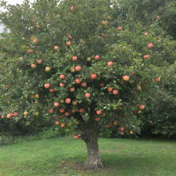 A lush, verdant tree heavily laden with vibrant, ripe apples.