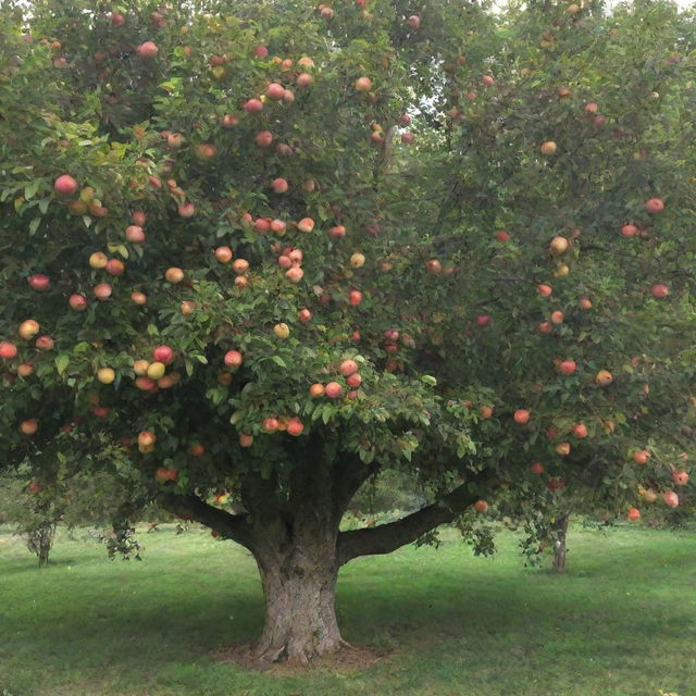 A lush, verdant tree heavily laden with vibrant, ripe apples.