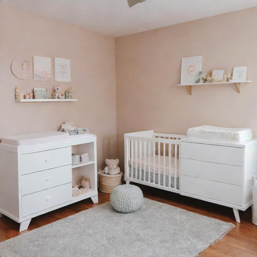 A cozy and colorful baby nursery complete with a safe crib, a tidy changing table, a sleek dresser, and practical shelves