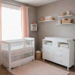 A cozy and colorful baby nursery complete with a safe crib, a tidy changing table, a sleek dresser, and practical shelves