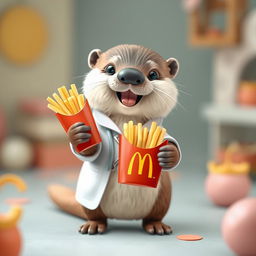 A cute otter wearing a doctor's white coat, holding a McDonald's fries container in its paws