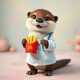 A cute otter wearing a doctor's white coat, holding a McDonald's fries container in its paws