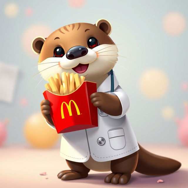 A cute otter wearing a doctor's white coat, holding a McDonald's fries container in its paws