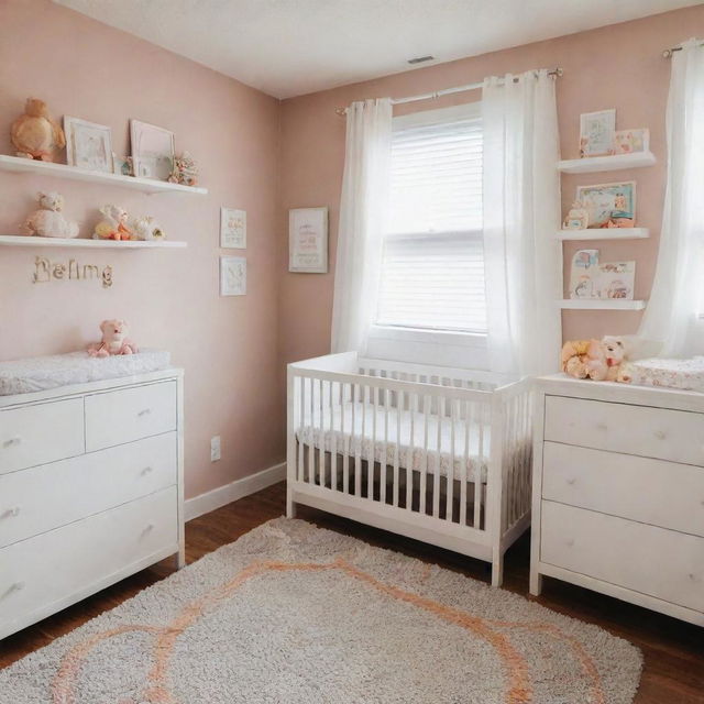 A cozy and colorful baby nursery complete with a safe crib, a tidy changing table, a sleek dresser, and practical shelves