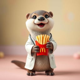 A cute otter wearing a doctor's white coat, holding a McDonald's fries container in its paws