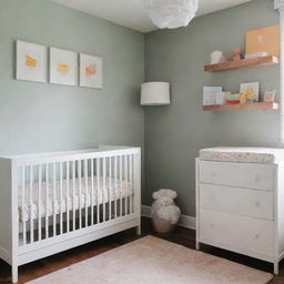 A cozy and colorful baby nursery complete with a safe crib, a tidy changing table, a sleek dresser, and practical shelves