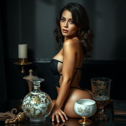 A beautiful and confident adult woman model is depicted in a tastefully sexy and artistic pose, surrounded by elegant and intricately designed objects implying sensuality and playfulness