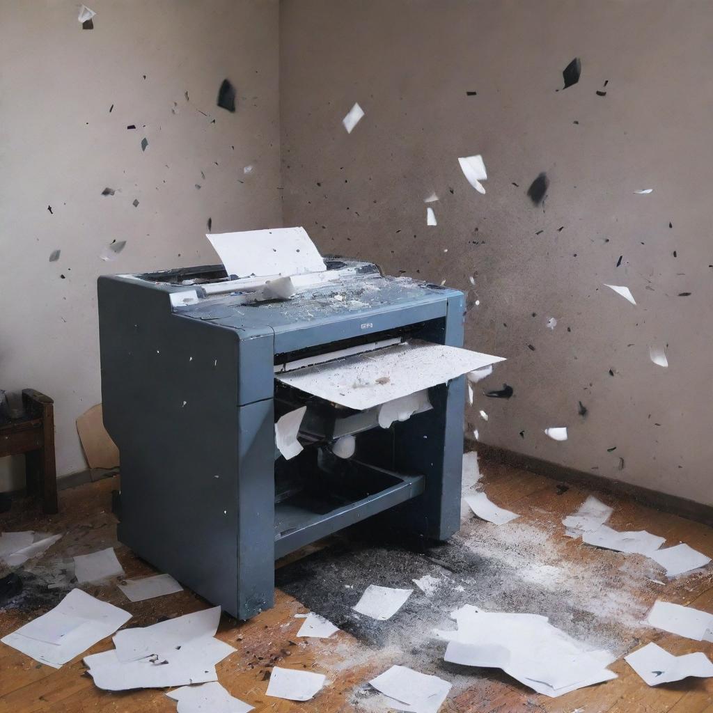 A chaotic scene featuring a printing machine malfunction, with paper flying everywhere and ink splatters