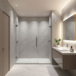 A modern bathroom interior featuring a shower of dimensions 1