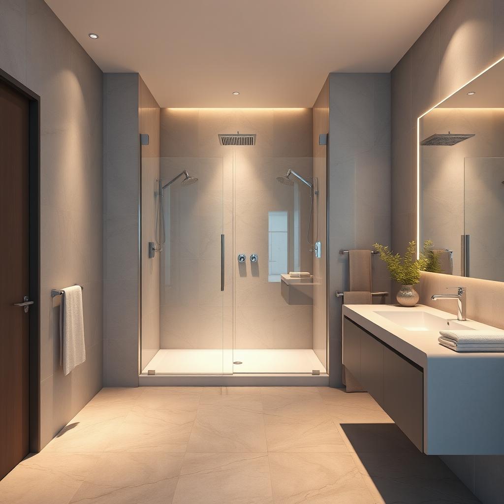 A modern bathroom interior featuring a shower of dimensions 1