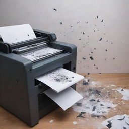 A chaotic scene featuring a printing machine malfunction, with paper flying everywhere and ink splatters