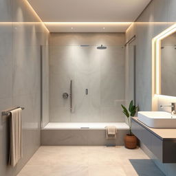 A modern bathroom interior featuring a shower of dimensions 1