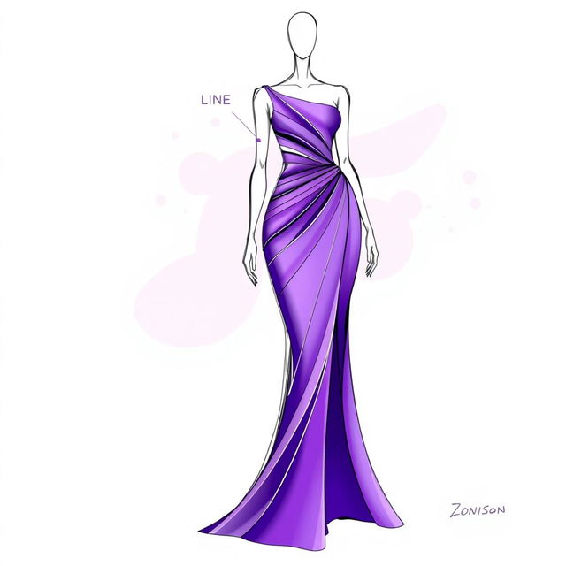 A fashion-forward sketch of a 2024 dress, emphasizing the LINE element in its design