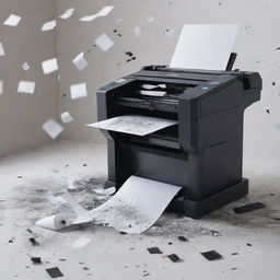 A chaotic scene featuring a printing machine malfunction, with paper flying everywhere and ink splatters