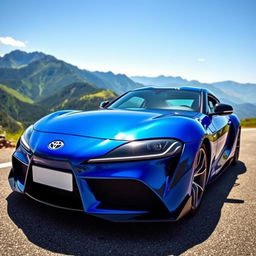 Toyota Supra MK5 sports car parked on a scenic mountain road, capturing its sleek design and modern features