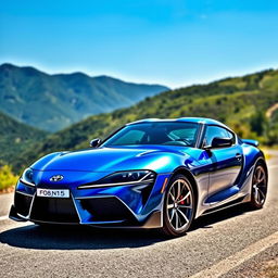 Toyota Supra MK5 sports car parked on a scenic mountain road, capturing its sleek design and modern features