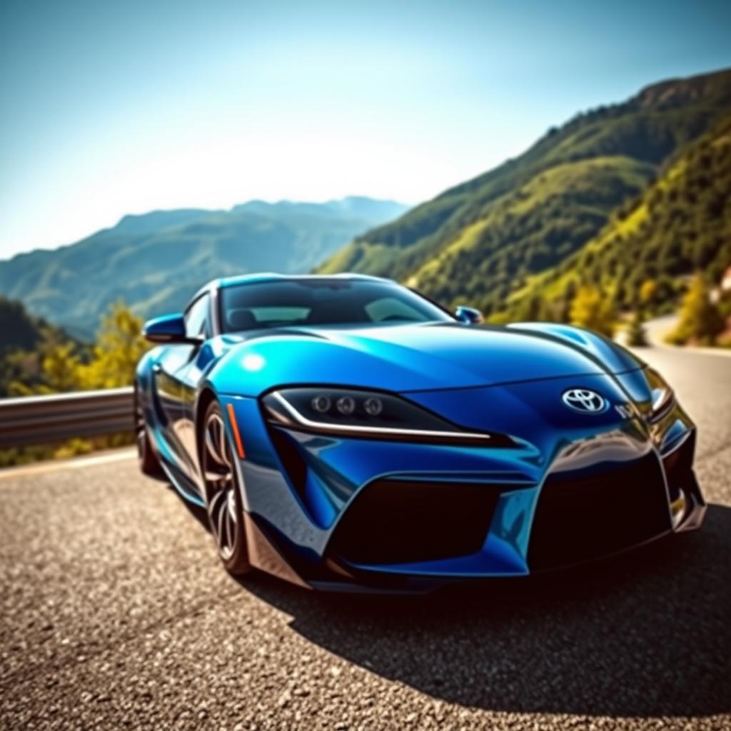 Toyota Supra MK5 sports car parked on a scenic mountain road, capturing its sleek design and modern features