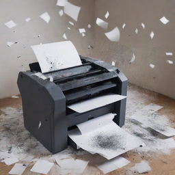 A chaotic scene featuring a printing machine malfunction, with paper flying everywhere and ink splatters