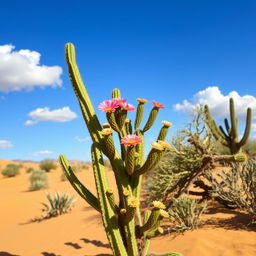 A lush green cactus standing in a desert landscape, with a clear blue sky and some fluffy white clouds in the background