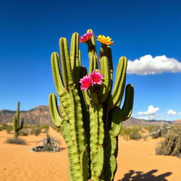 A lush green cactus standing in a desert landscape, with a clear blue sky and some fluffy white clouds in the background