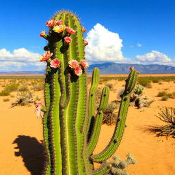 A lush green cactus standing in a desert landscape, with a clear blue sky and some fluffy white clouds in the background