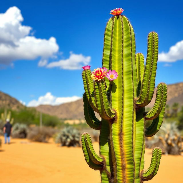 A lush green cactus standing in a desert landscape, with a clear blue sky and some fluffy white clouds in the background