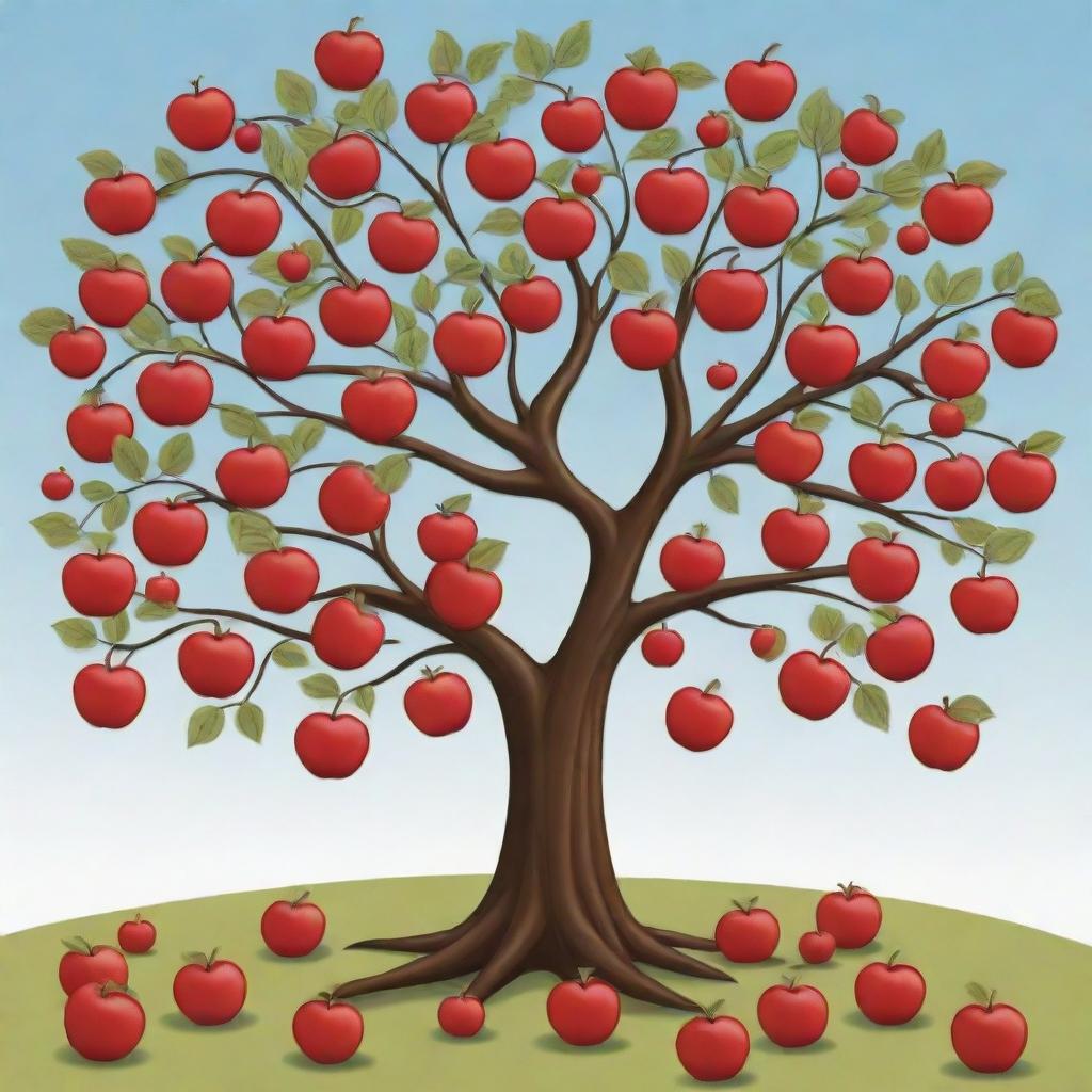 A whimsical cartoon-style tree, overflowing with bright red apples.