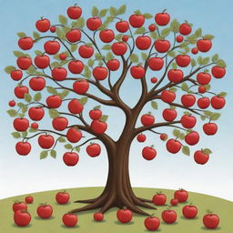 A whimsical cartoon-style tree, overflowing with bright red apples.