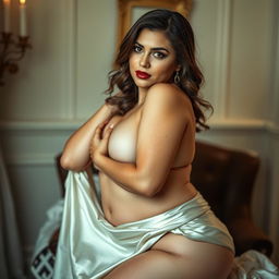 A sensual, voluptuous woman posing in an elegant and artistic setting