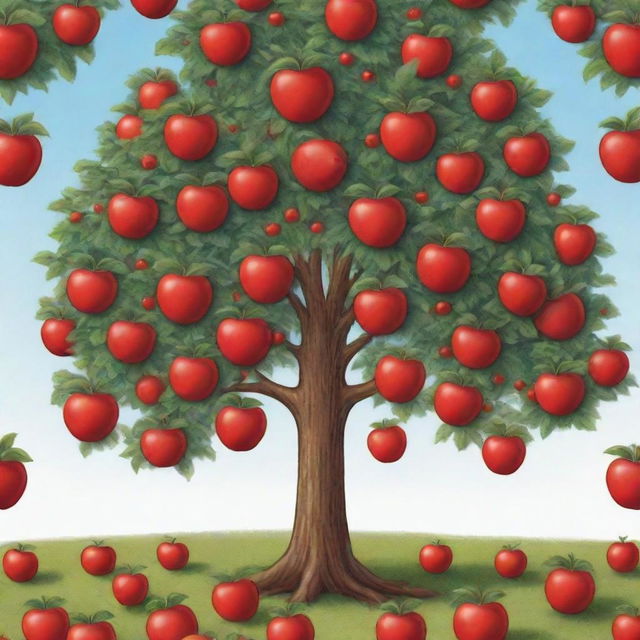 A whimsical cartoon-style tree, overflowing with bright red apples.