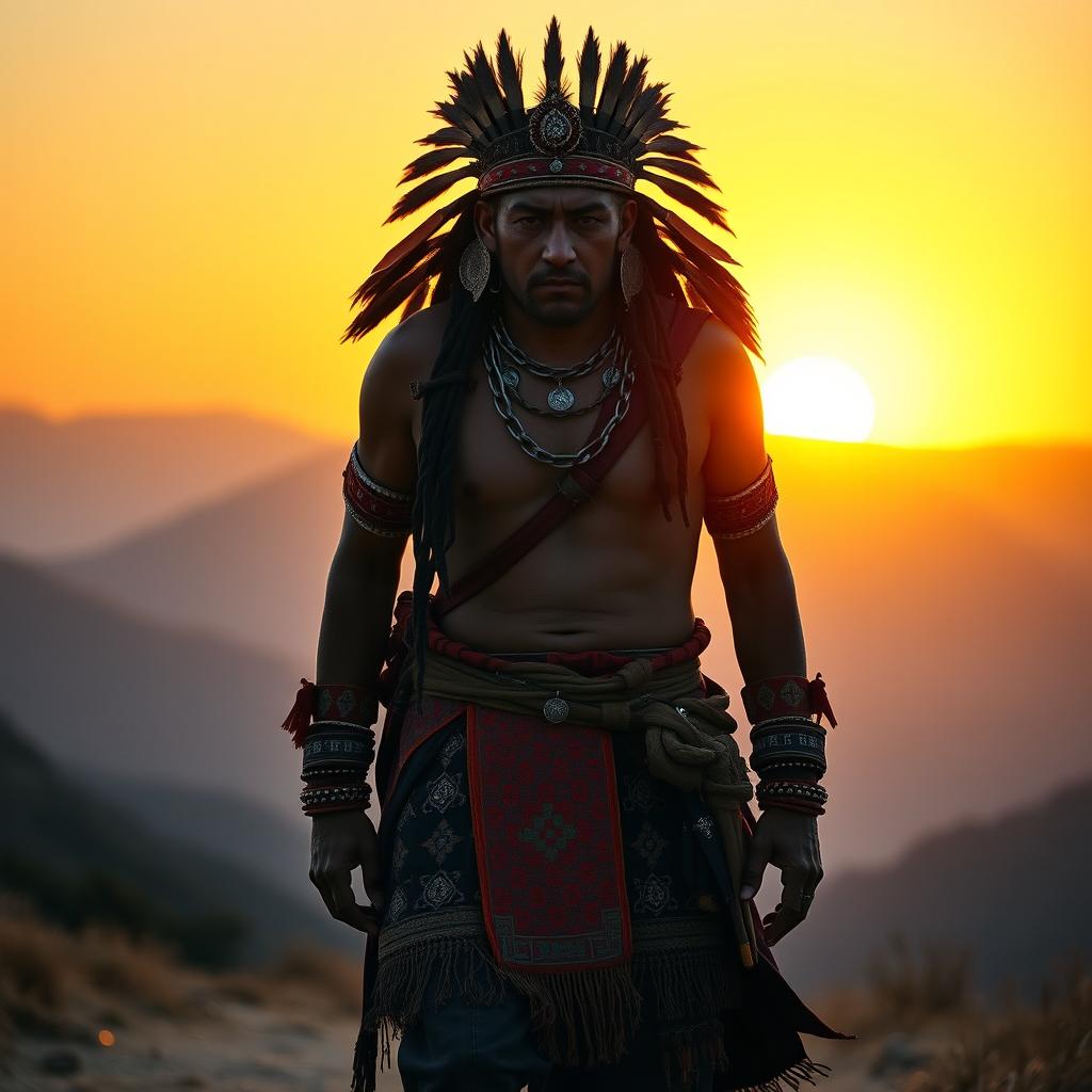 A serene and dignified Inca warrior, Atahualpa, walking forward with a majestic and stoic expression