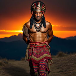 A serene and dignified Inca warrior, Atahualpa, walking forward with a majestic and stoic expression