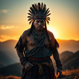 A serene and dignified Inca warrior, Atahualpa, walking forward with a majestic and stoic expression