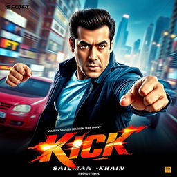 A dynamic and action-packed movie thumbnail for "Kick" featuring Salman Khan