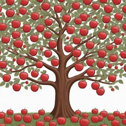 A whimsical cartoon-style tree, overflowing with bright red apples.